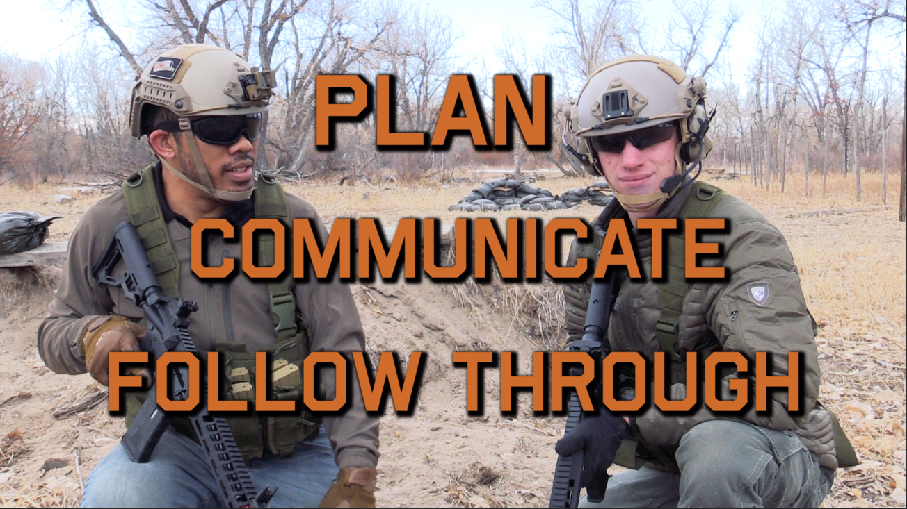 Two airsoft players in tactical gear with text overlay "PLAN COMMUNICATE FOLLOW THROUGH" emphasizing teamwork and strategy in airsoft play.